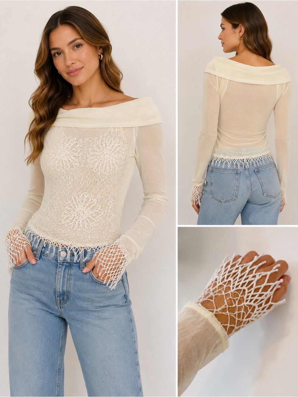 Sharagano Cream Off-the-Shoulder Crochet-Trim Top